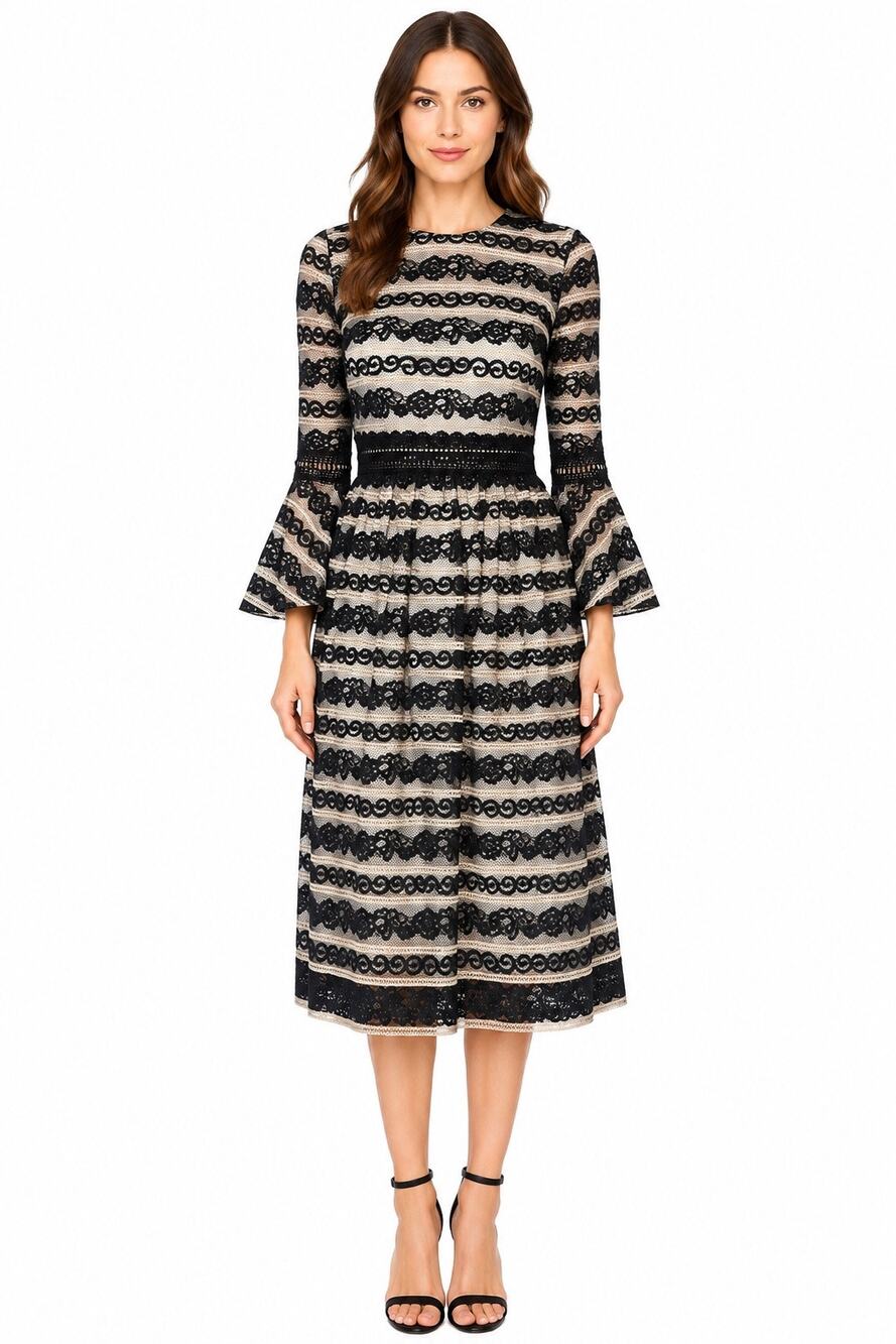 C&M Collection Black Cream Lace Bell Sleeve Fit Flare Midi Dress Size 34 XS